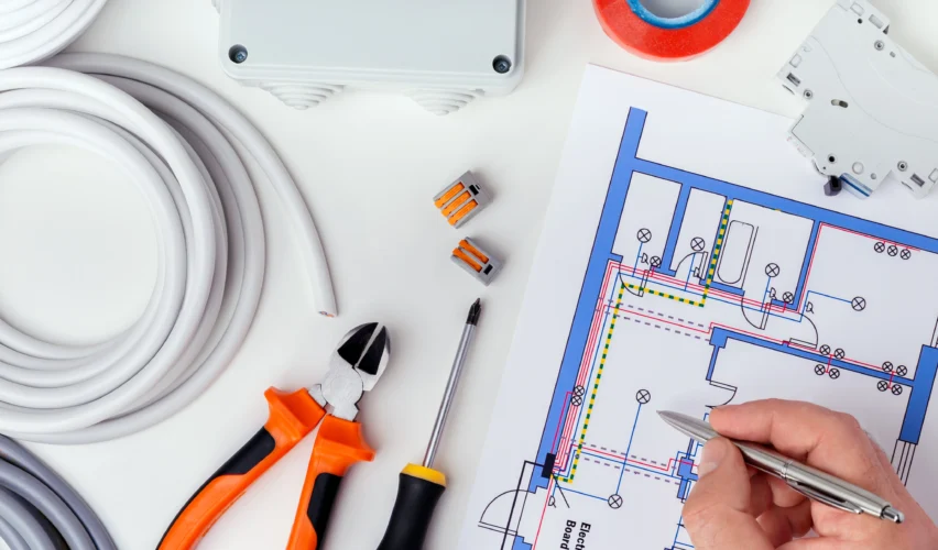 Ferramentas de elétrica e um projeto elétrico de instalação detalhado numa mesa de trabalho, conforme normas abnt.