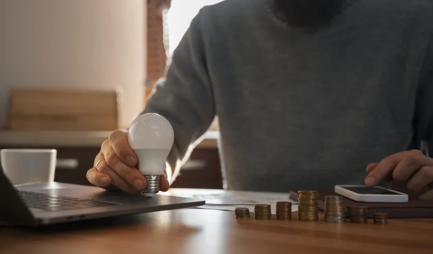 Homem com barba usando roupa cinza, sentado em uma mesa de madeira, segurando uma lâmpada e uma moeda de cobre, com pilhas de moedas ao lado. Ao lado de um laptop e smartphone, em ambiente de escritório. Conteúdo sobre como economizar energia.
