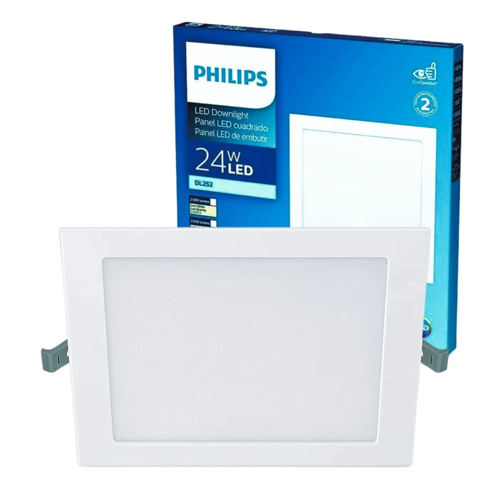 Luminária de embutir LED Philips de 24W com painel branco quadrado, ideal para iluminação eficiente em ambientes residenciais e comerciais, dica sobre como economizar energia