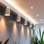 Iluminação de LED moderna em um ambiente interno, destacando luminárias de parede que proporcionam uma iluminação suave e eficiente.