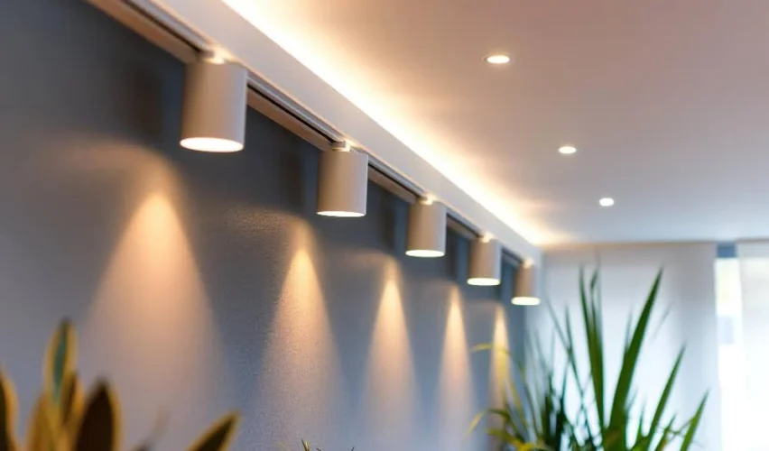 Iluminação de LED moderna em um ambiente interno, destacando luminárias de parede que proporcionam uma iluminação suave e eficiente.