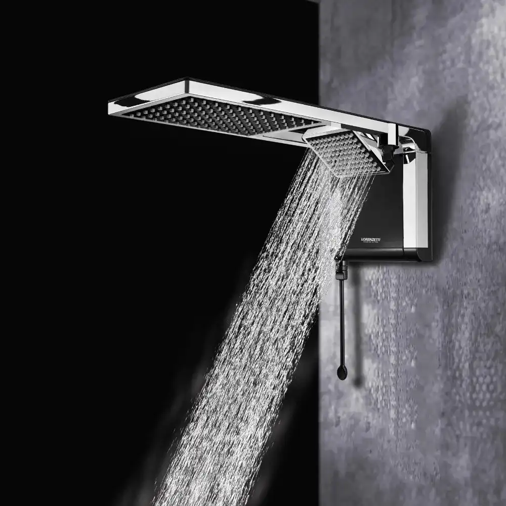 Chuveiro lorenzetti 220v de aço inoxidável automático com controle de temperatura e design moderno, ideal para banheiros de alta tecnologia.