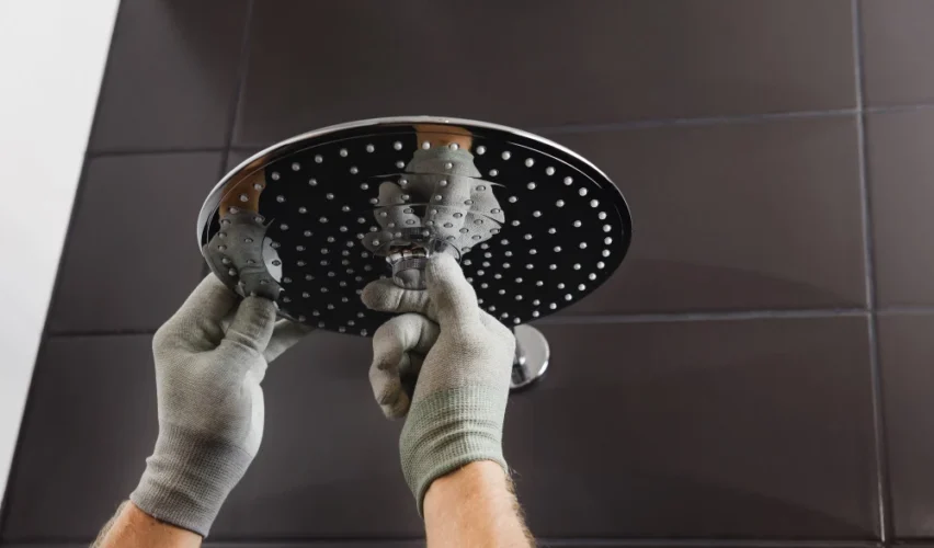 Instalação de um chuveiro Lorenzetti 220v de teto moderno em um banheiro com azulejos escuros, com mãos de trabalhador ajustando o equipamento.