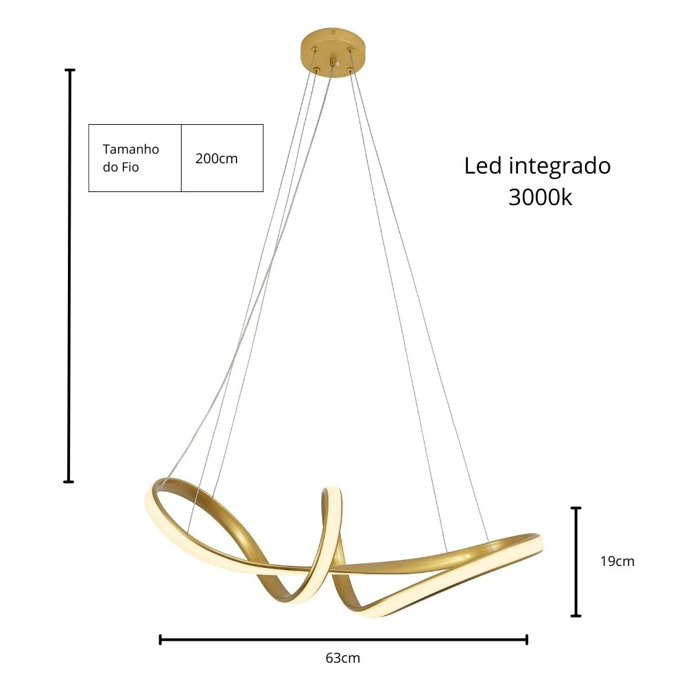 Lustre pendente moderno com design em formato de laços dourados, iluminação LED de 3000K, ideal para decoração elegante e contemporarâneo