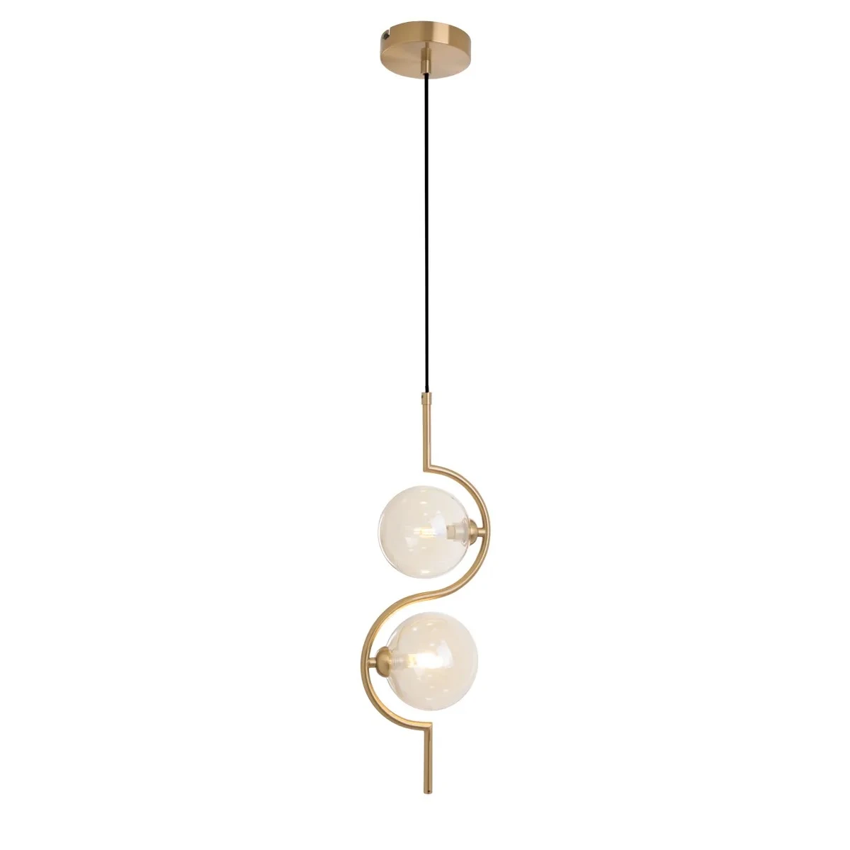 Lustre pendente moderno com duas lâmpadas de vidro em acabamento dourado, ideal para decoração de ambientes elegantes e contemporâneos