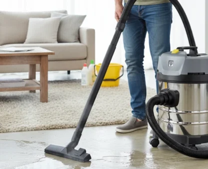 Pessoa usando aspirador de pó e água para limpeza de piso em sala de estar moderna com sofá cinza e mesa de madeira.