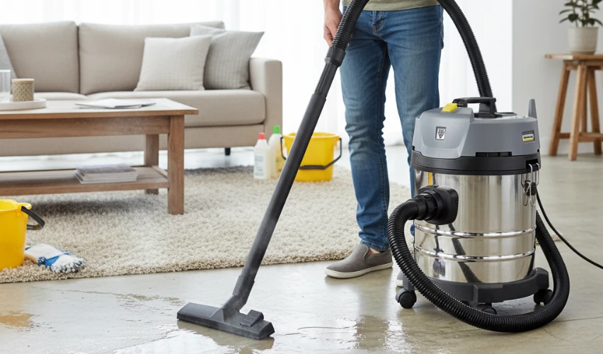 Pessoa usando aspirador de pó e água para limpeza de piso em sala de estar moderna com sofá cinza e mesa de madeira.