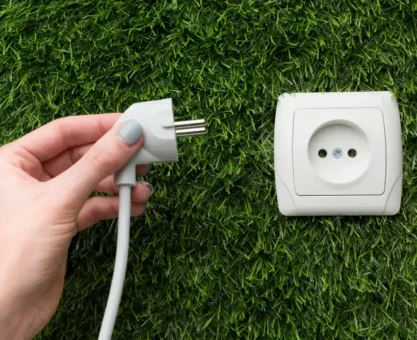 Imagem de uma mão segurando um plugue de energia próximo a uma tomada elétrica instalada em uma área com grama verde. Ideal para ilustrar dicas de energia elétrica, instalação de tomadas ou cuidados com eletricidade.
