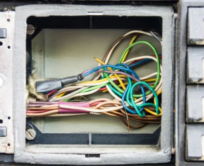 Fios elétricos coloridos dentro de caixa de passagem elétrica com isolamento e emaranhado