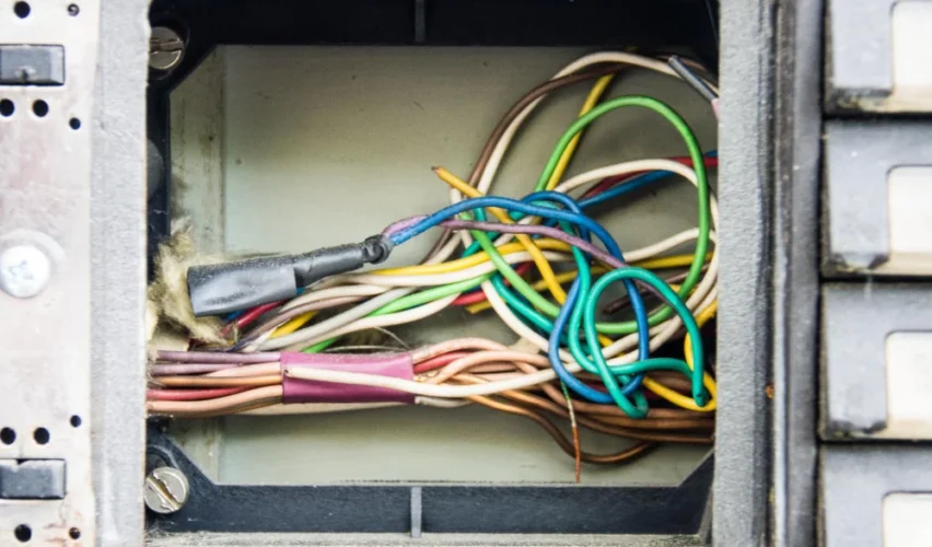 Fios elétricos coloridos dentro de caixa de passagem elétrica com isolamento e emaranhado