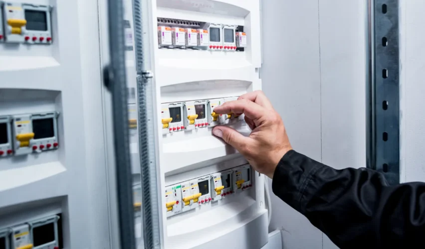 Mão ajustando e removendo disjuntor em quadro elétrico industrial com módulos e identificações, ao lado de outros componentes de proteção em painel de energia