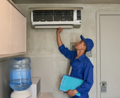 Técnico de manutenção mostrando como instalar ar condicionado