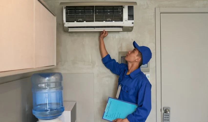 Técnico de manutenção mostrando como instalar ar condicionado