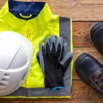 Equipamento de segurança do trabalho incluindo colete refletivo amarelo, capacete branco, luvas de proteção e botas de segurança pretas sobre superfície de madeira. Conteúdo sobre EPI's essenciais