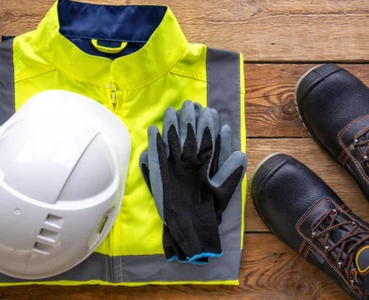 Equipamento de segurança do trabalho incluindo colete refletivo amarelo, capacete branco, luvas de proteção e botas de segurança pretas sobre superfície de madeira. Conteúdo sobre EPI's essenciais