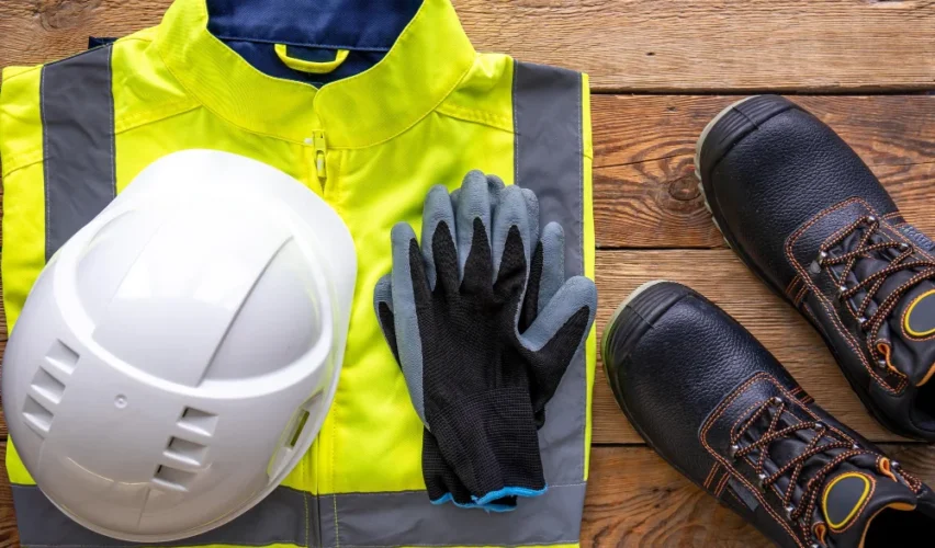 Equipamento de segurança do trabalho incluindo colete refletivo amarelo, capacete branco, luvas de proteção e botas de segurança pretas sobre superfície de madeira. Conteúdo sobre EPI's essenciais