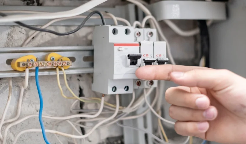 Disjuntor desarmando em painel elétrico, ação frequente em manutenção e segurança elétrica, com um dedo indicando o aparelho, mostrando funcionamento ou emergência elétrica.