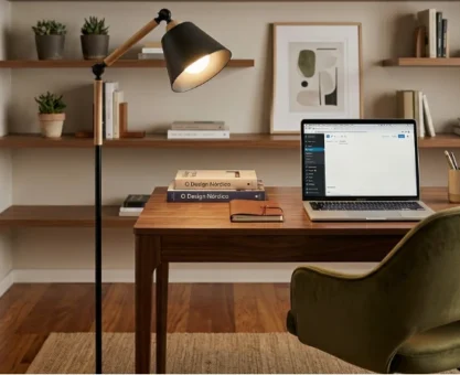 Imagem de um escritório em casa com uma mesa de madeira, um laptop aberto, uma luminária de piso e prateleiras com livros e plantas decorativas, ideal para trabalhar de forma confortável e organizada.