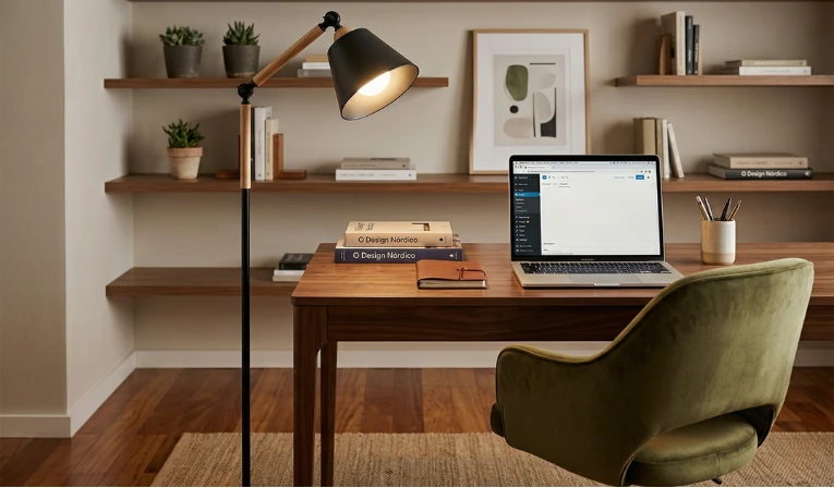 Imagem de um escritório em casa com uma mesa de madeira, um laptop aberto, uma luminária de piso e prateleiras com livros e plantas decorativas, ideal para trabalhar de forma confortável e organizada.