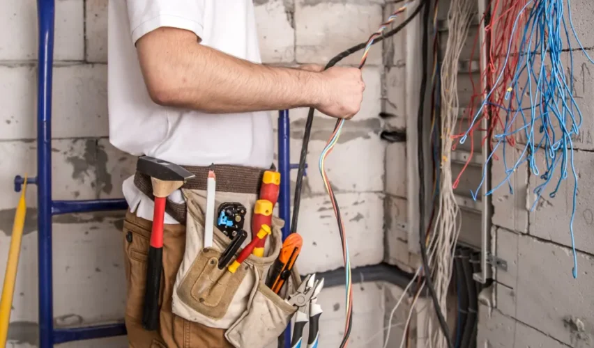 Técnico em obra elétrica na instalação de cabeamento, com ferramentas na cintura e diversos fios organizados em uma área de alvenaria, próximo a uma tabela de cabos elétricos.