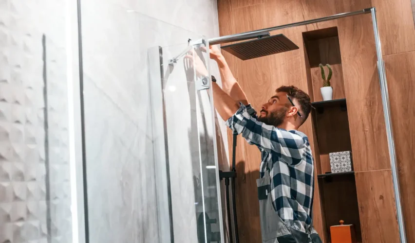 Homem instalando ou ajustando o chuveiro no banheiro, com as mãos trabalhando na estrutura e preparando a troca de componentes como a resistência do chuveiro.