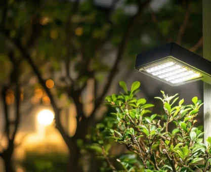 sensor de presença para lampada externa instalado na parede iluminando um jardim com plantas verdes e iluminação noturna ao fundo