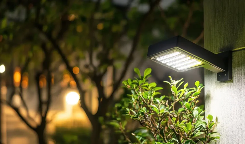 sensor de presença para lampada externa instalado na parede iluminando um jardim com plantas verdes e iluminação noturna ao fundo