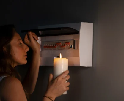 Mulher segurando uma vela acesa em casa, em frente ao disjuntor/caixa de energia, sugerindo queda de energia e falta de luz no ambiente doméstico à noite.