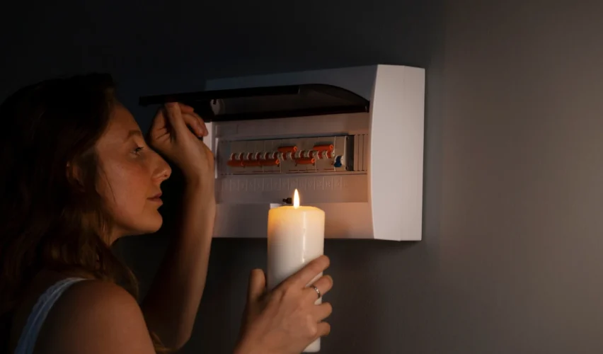 Mulher segurando uma vela acesa em casa, em frente ao disjuntor/caixa de energia, sugerindo queda de energia e falta de luz no ambiente doméstico à noite.