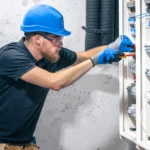 padrao trifasico: Técnico eletricista com capacete e luvas realizando manutenção elétrica em um painel de distribuição, com componentes internos e cabos visíveis ao lado de um gabinete industrial