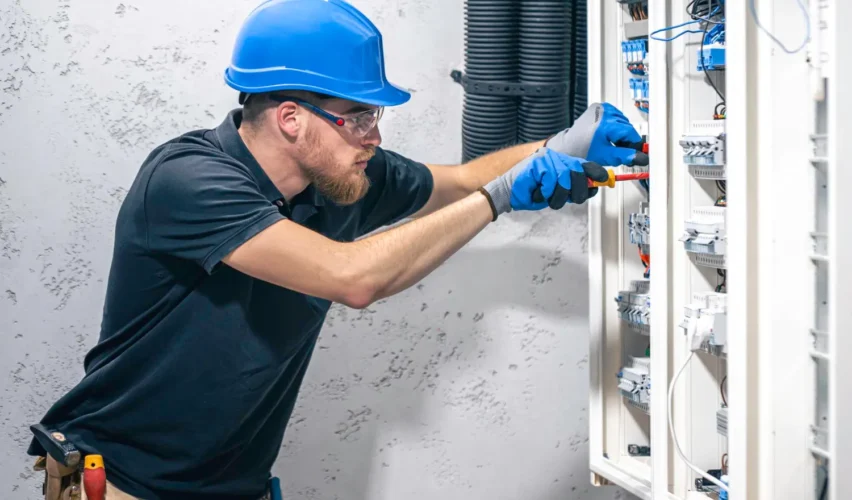 padrao trifasico: Técnico eletricista com capacete e luvas realizando manutenção elétrica em um painel de distribuição, com componentes internos e cabos visíveis ao lado de um gabinete industrial